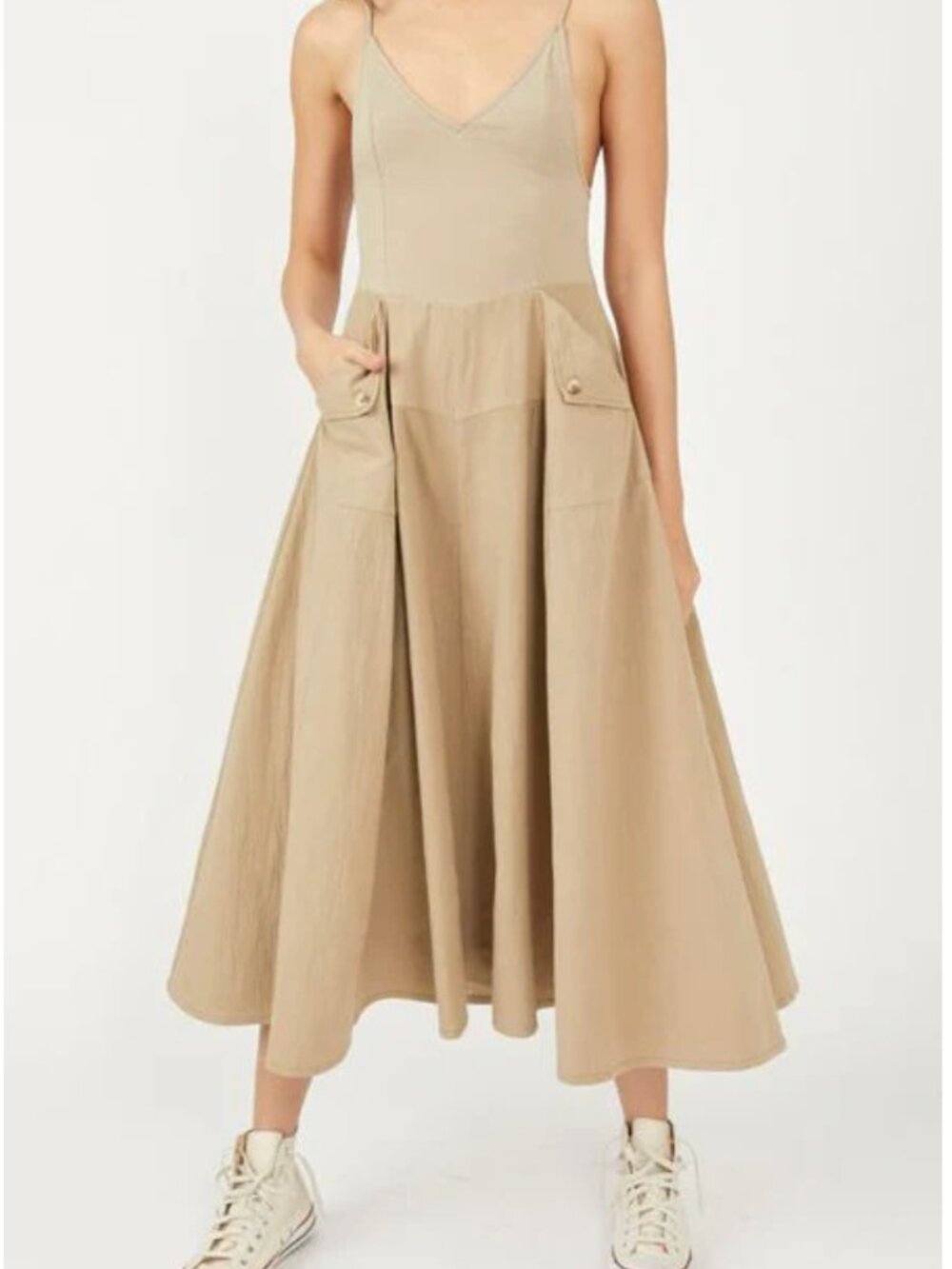 Free People Soledad Midi Dress | Small | Khaki | Cotton | A-Line Dress - Picture 15 of 15